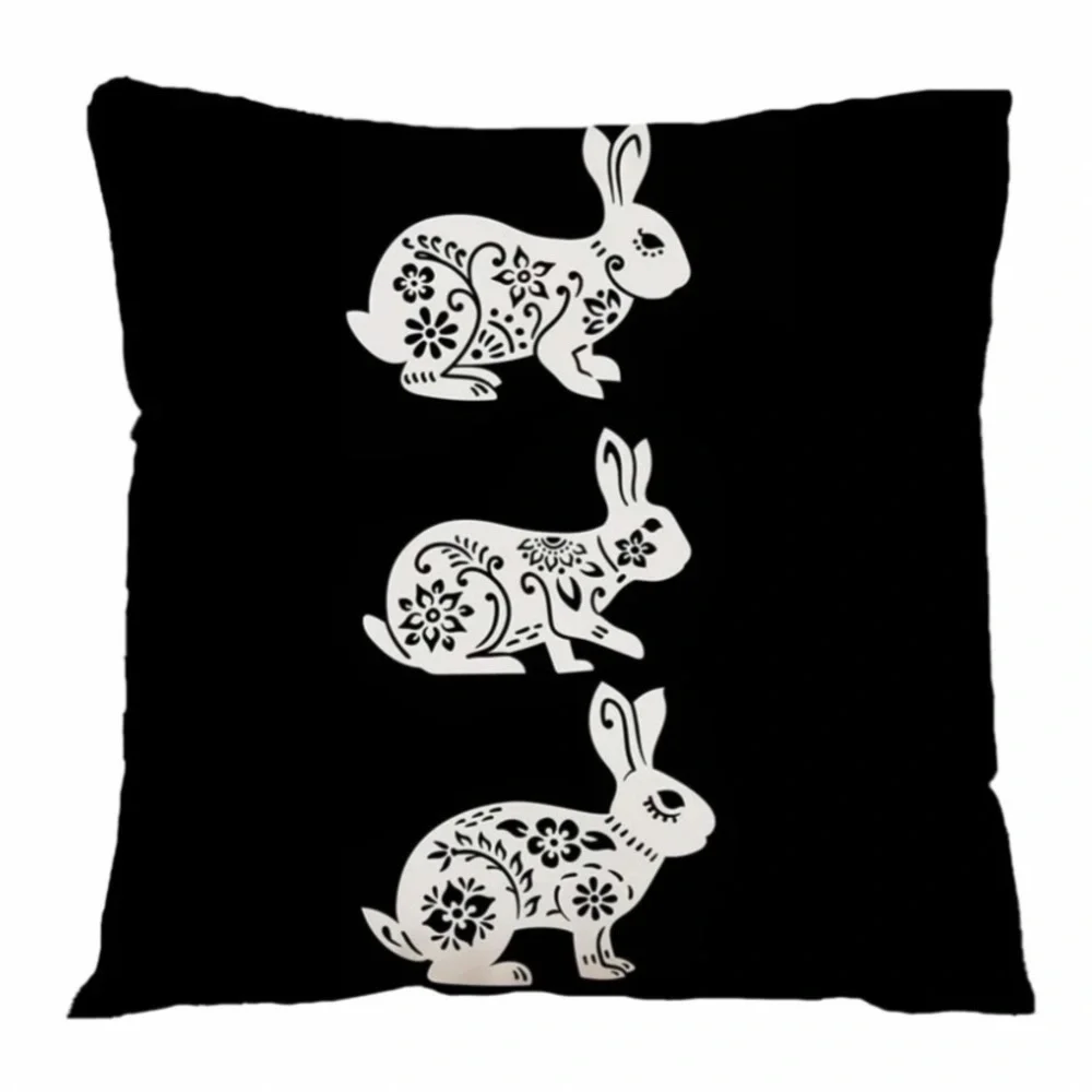 Seasonal Pillow Covers Easter Bunnies Zip Closure 17.7 In Black White Set of 2